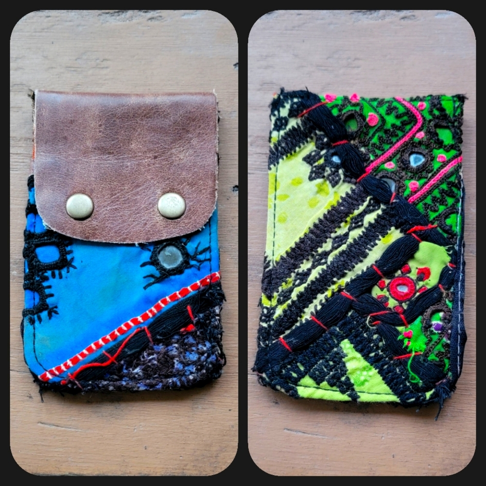 🕺🥂 Free People Boho Embroidered Repurposed vtg banjara hippie Wallet card case